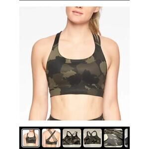 ATHLETA Run Free Green Camo Sports Bra Strappy Asymmetrical Women's Size XL gym